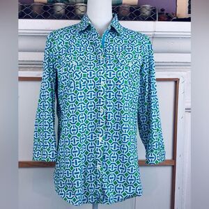 Tizzie abstract print back button and front shirt in blue & lime, adj.sleeves